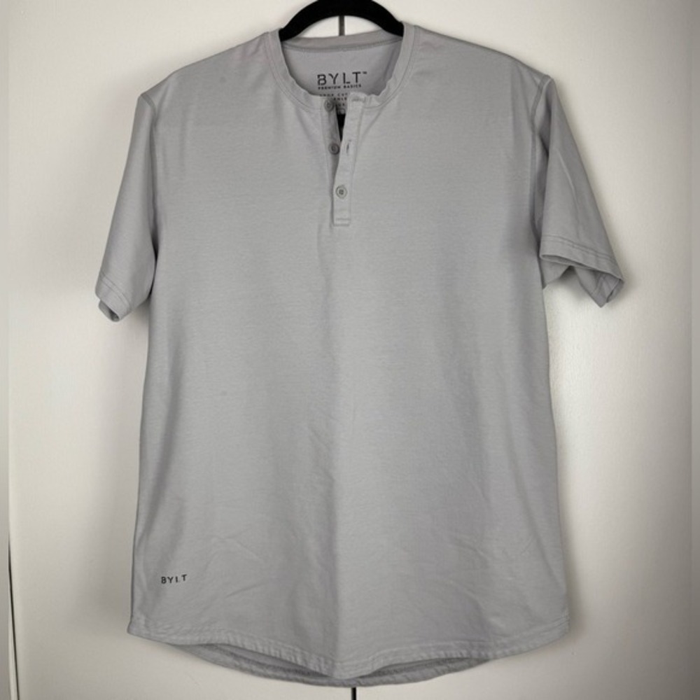 BYLT Premium Basics Drop Cut Henley Lux Grey Short‎ Sleeve Shirt Mens Large